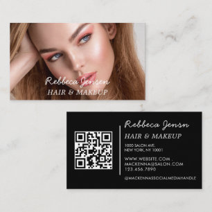 Makeup artist hair photo bold script Pink blue QR  Business Card