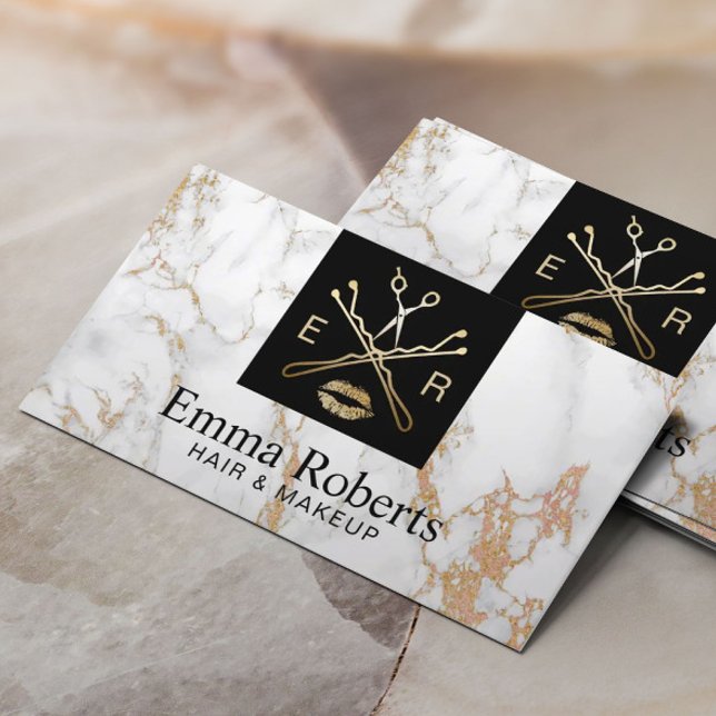 Makeup Artist Hair Salon Beauty Logo Trendy Marble Business Card (Creator Uploaded)
