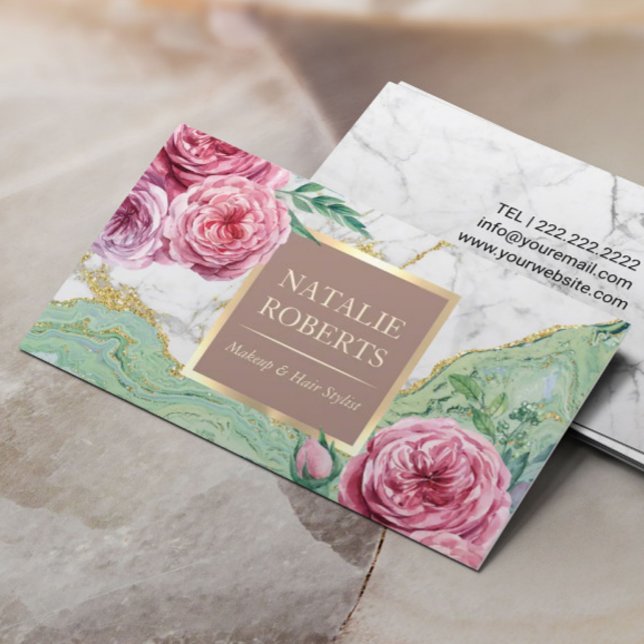 Makeup Artist Hair Salon Chic Floral Marble Agate Business Card (Creator Uploaded)