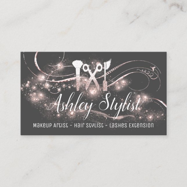 Makeup Artist Hair Salon Lash Scissors Blush Grey Business Card (Front)