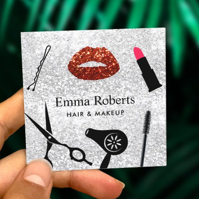 Makeup Artist Hair Salon Modern Silver Glitter Square Business Card (Creator Uploaded)
