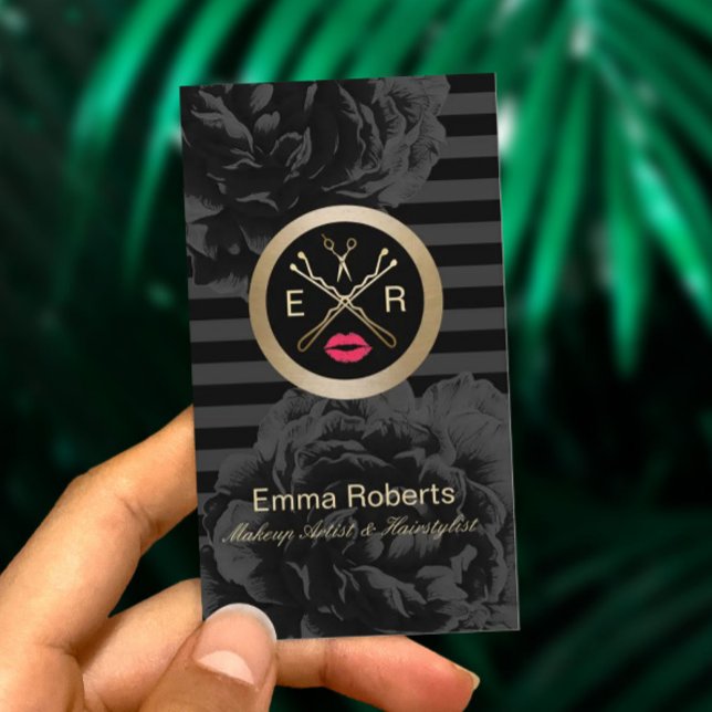 Makeup Artist & Hair Salon Modern Stripes Floral Business Card (Creator Uploaded)
