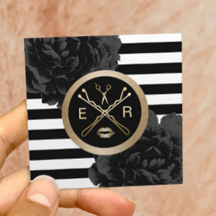 Makeup Artist Hair Salon Modern Stripes Floral Square Business Card