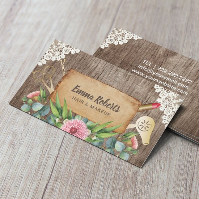 Makeup Artist Hair Salon Rustic Floral Wooden Business Card (Creator Uploaded)