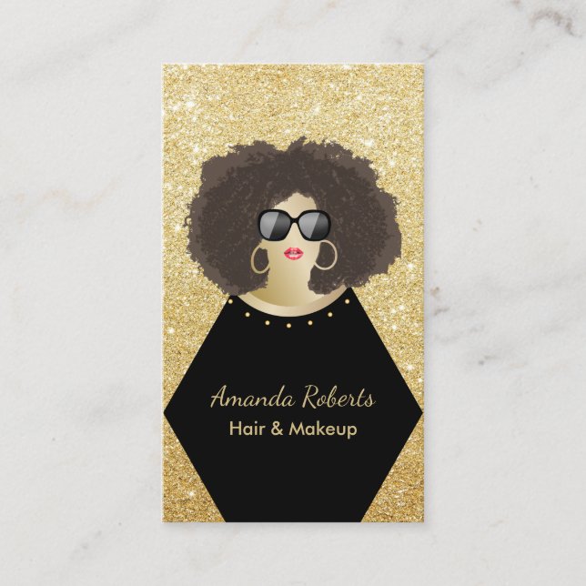 Makeup Artist Hair Stylist Afro Chic Black & Gold Business Card (Front)