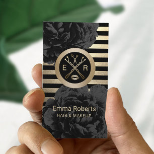 Makeup Artist Hair Stylist Black & Gold Floral Business Card