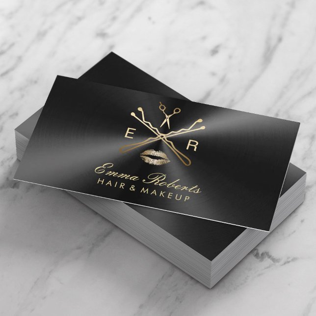 Makeup Artist Hair Stylist Black & Gold Metallic Business Card (Creator Uploaded)