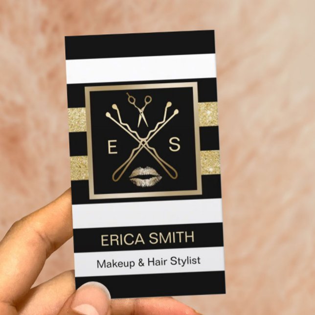 Makeup Artist Hair Stylist Black & Gold Stripes Business Card (Creator Uploaded)