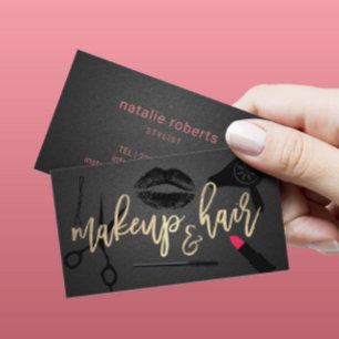 Makeup Artist Hair Stylist Black & Gold Typography Business Card