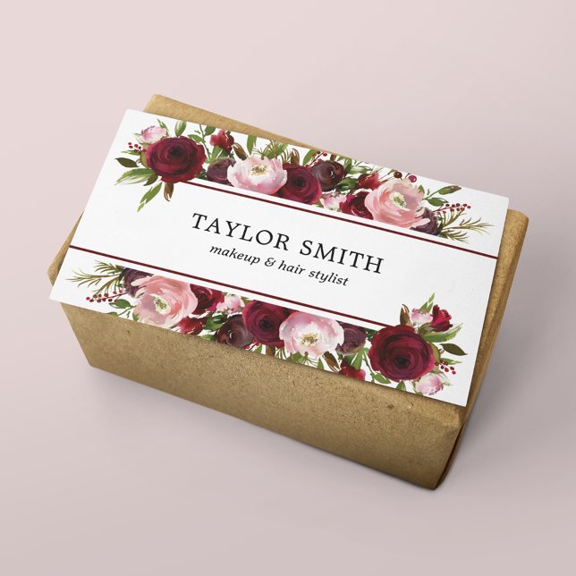 Makeup Artist Hair Stylist Burgundy Blush Floral Business Card (Creator Uploaded)
