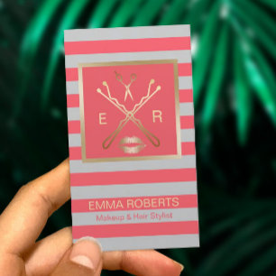 Makeup Artist Hair Stylist Coral & Grey Stripes Business Card