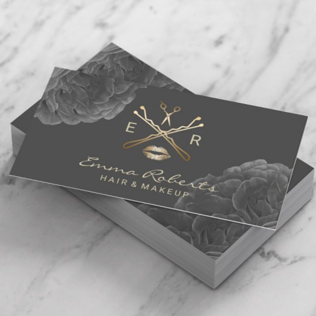 Makeup Artist Hair Stylist Dark Floral Gold Logo Business Card (Creator Uploaded)
