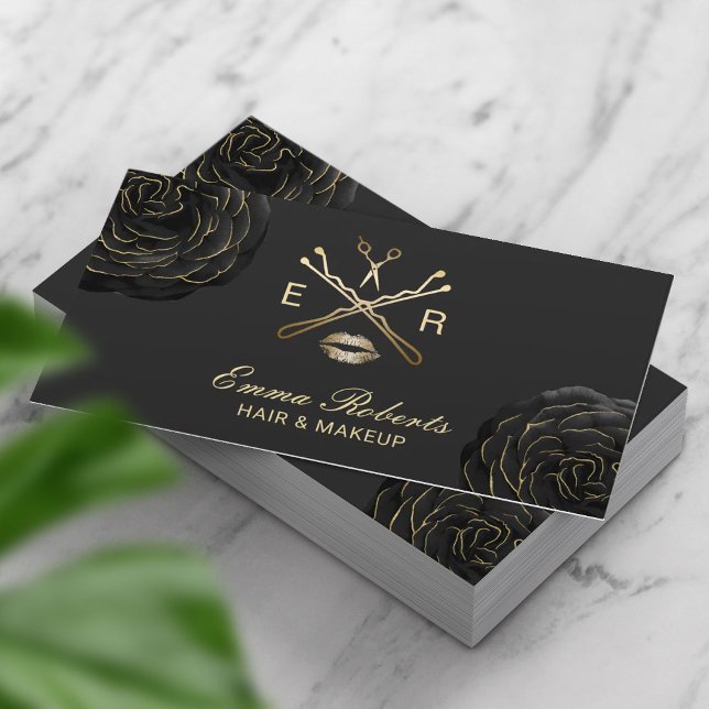 Makeup Artist Hair Stylist Elegant Black Floral Business Card (Creator Uploaded)