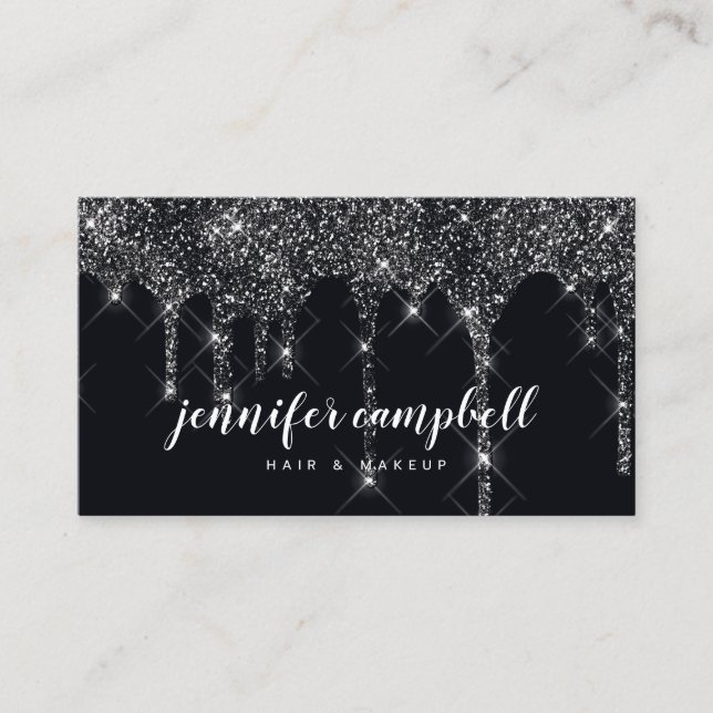 Makeup artist hair stylist glitter drips black business card (Front)