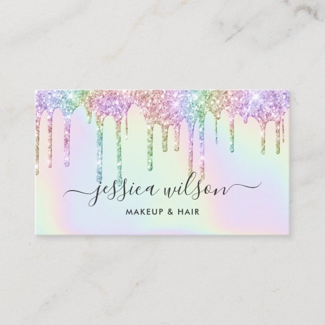 Makeup artist hair stylist holographic drips chic business card (Front)