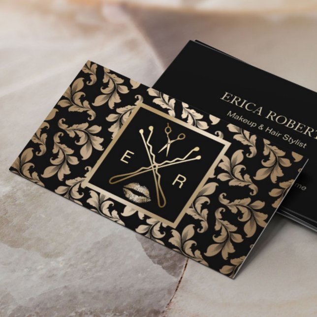 Makeup Artist Hair Stylist Luxury Gold Damask Business Card (Creator Uploaded)
