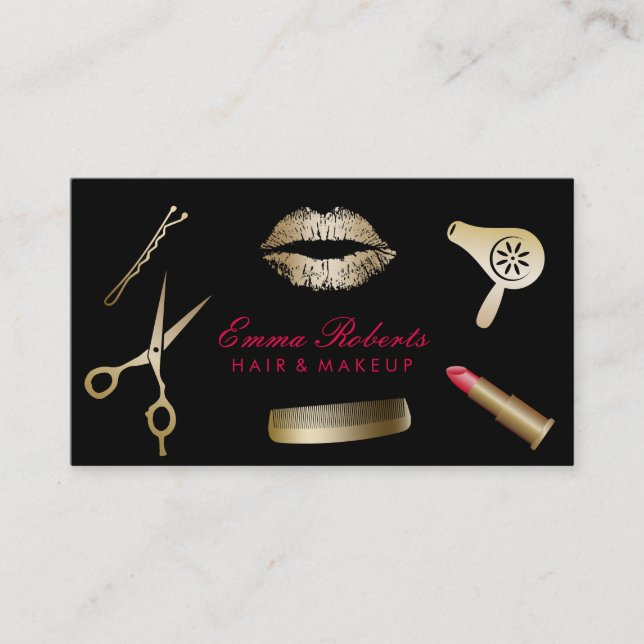 Makeup Artist Hair Stylist Modern Black & Gold Business Card (Front)
