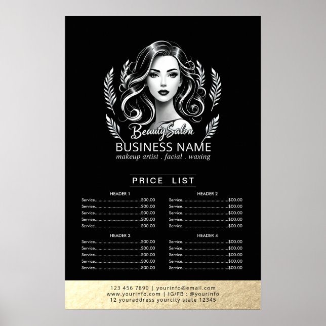 Makeup Artist Hair Stylist Modern Black Price List Poster (Front)
