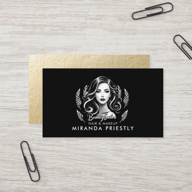 Makeup Artist Hair Stylist Modern Black White Gold Business Card (Front/Back In Situ)