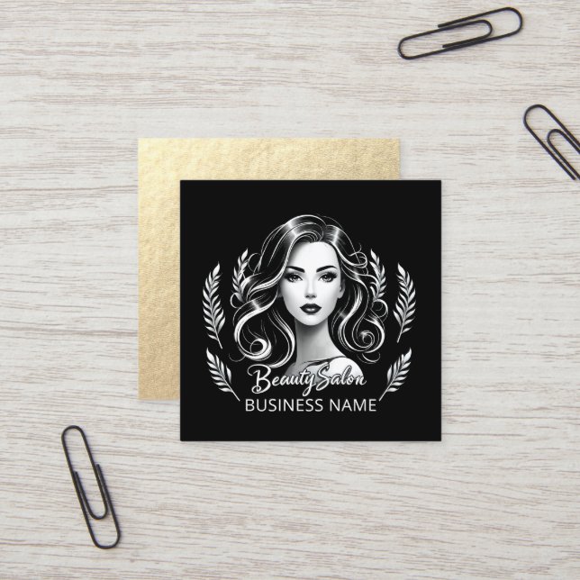 Makeup Artist Hair Stylist Modern Black White Gold Square Business Card (Front/Back In Situ)