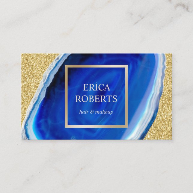 Makeup Artist Hair Stylist Modern Blue Gold Beauty Business Card (Front)