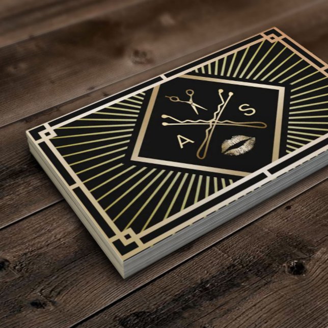 Makeup Artist & Hair Stylist Modern Gold Art Deco Business Card (Creator Uploaded)