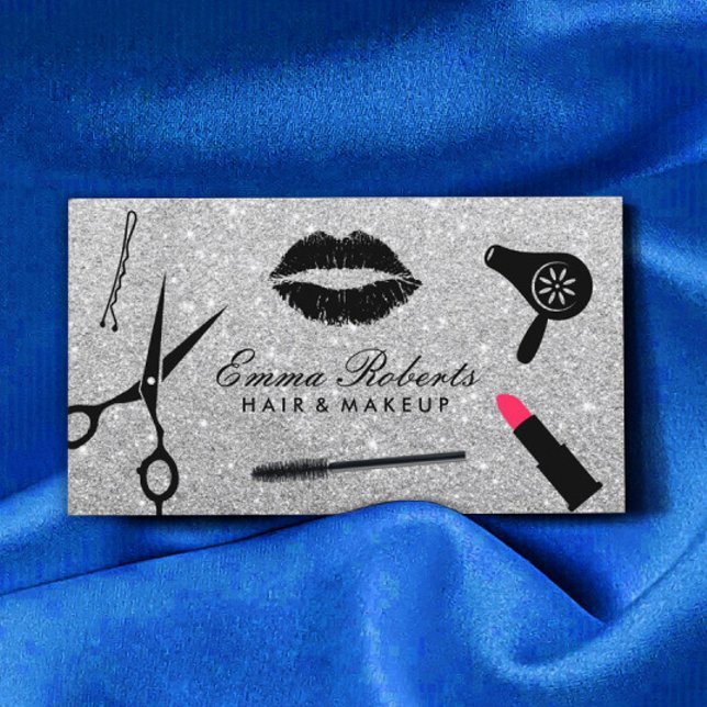 Makeup Artist & Hair Stylist Modern Silver Glitter Business Card (Creator Uploaded)
