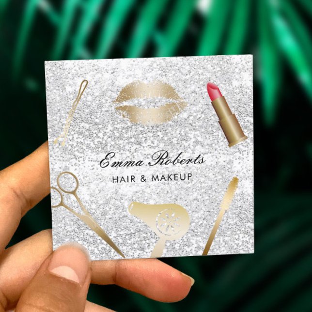 Makeup Artist Hair Stylist Trendy Silver Glitter Square Business Card (Creator Uploaded)
