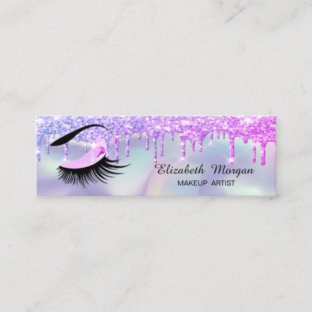 Makeup Artist, Holographic Lashes Glitter Drips Mini Business Card (Front)