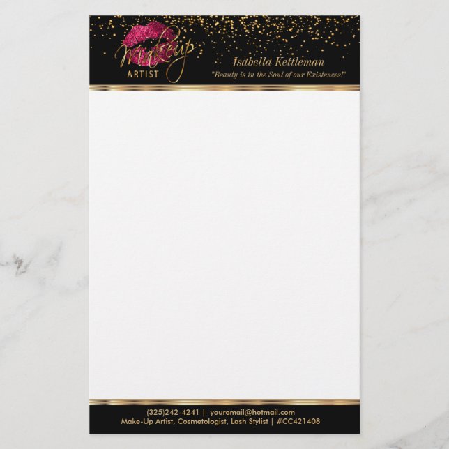 Makeup Artist Hot Pink Glitter Lips Stationery (Front)