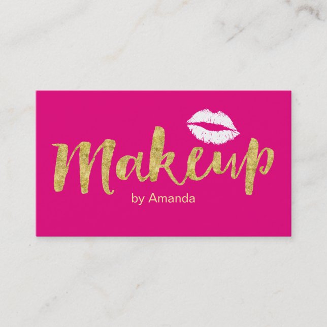 Makeup Artist Hot Pink Gold Script Modern Business Card (Front)