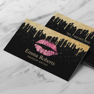 Makeup Artist Hot Pink Lips Modern Gold Dripping Business Card