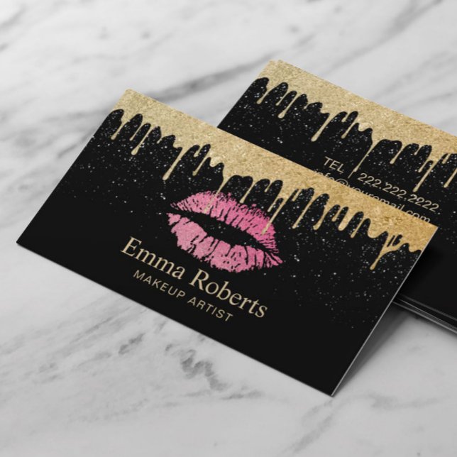 Makeup Artist Hot Pink Lips Modern Gold Dripping Business Card (Creator Uploaded)