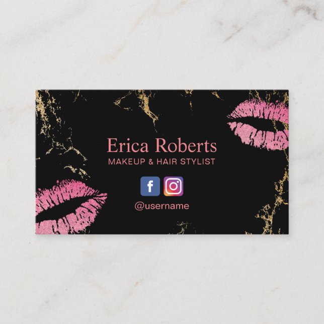 Makeup Artist Hot Pink Lips Trendy Black & Gold Business Card (Front)