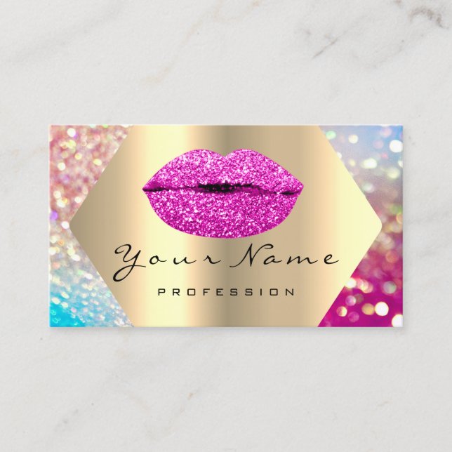 Makeup Artist Kiss LIPS Pink LUX Holographic Business Card (Front)