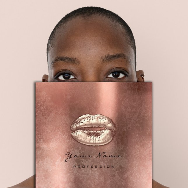 Makeup Artist Kiss Lips Rose Gold Grunge Square Square Business Card (Makeup Artist Kiss Lips Rose Gold Grunge Square Square Business Card)