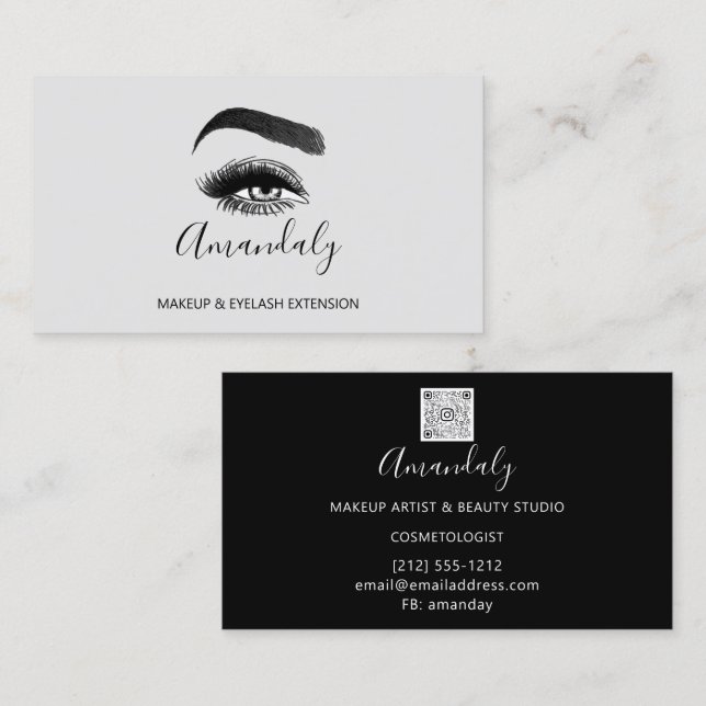 Makeup Artist Lash Friseur Logo QR CODE Grey Black Business Card (Front/Back)