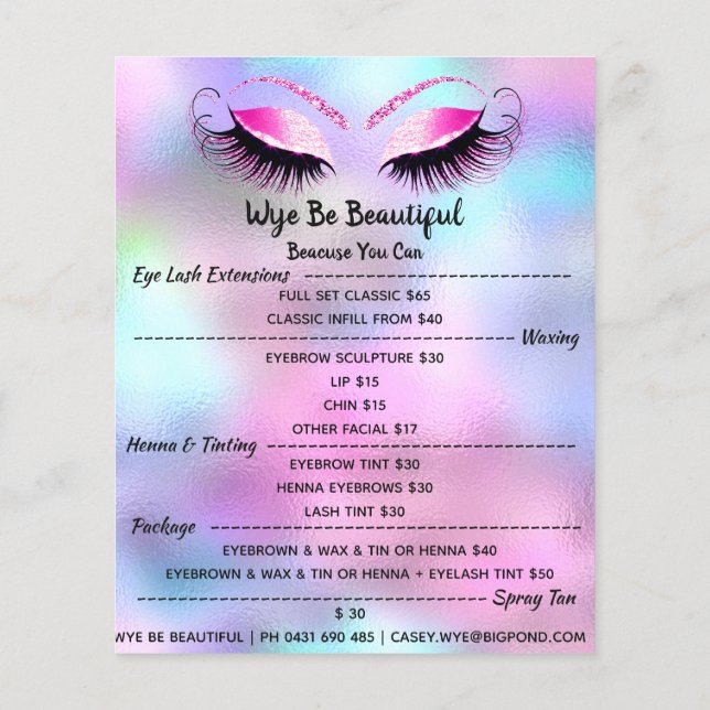 Makeup Artist Lash Glitter Price List Blue Pink Flyer (Back)