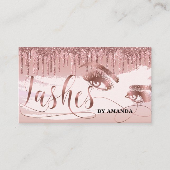 Makeup artist Lashes Eye Lashes Dripping Rose Gold Business Card (Front)
