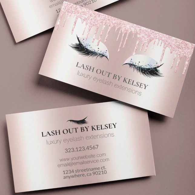Makeup Artist Lashes Metallic Pink Glitter Drips Business Card (Creator Uploaded)