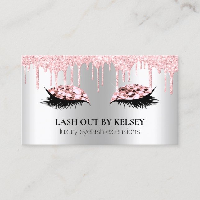 Makeup Artist Lashes Platinum Pink Glitter + Drips Business Card (Front)