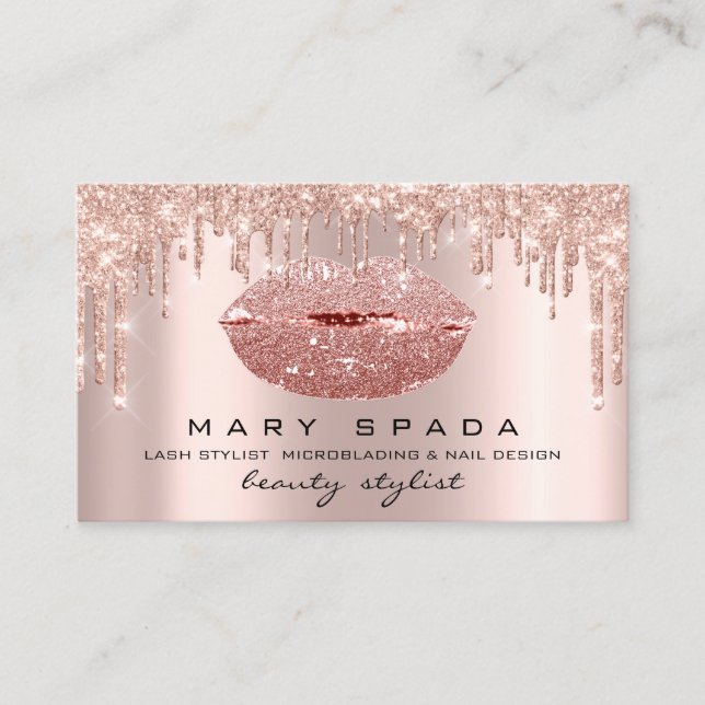 Makeup Artist Lashes  Rose Drips Kiss Lips Glitter Business Card (Front)