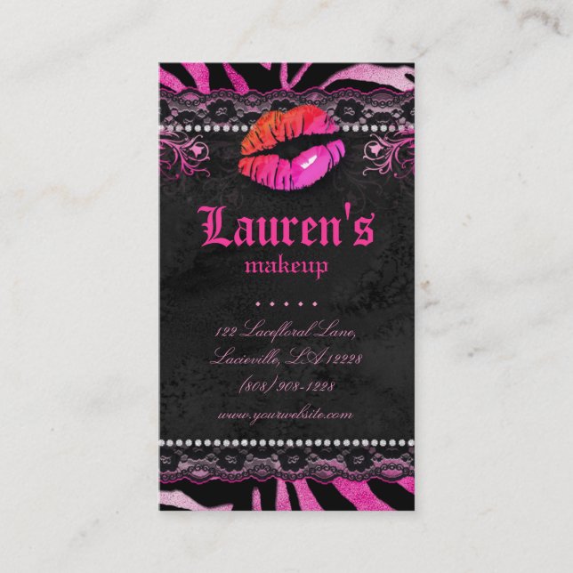 Makeup Artist Lips N Lace Pink Zebra Business Card (Front)
