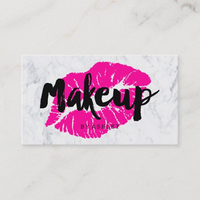 Makeup artist lips neon pink typography marble business card (Front)