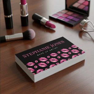 Makeup Artist Lips Pattern Cute Pink & Black Business Card