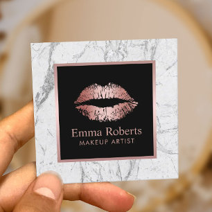 Makeup Artist Lips Rose Gold Glitter White Marble Square Business Card