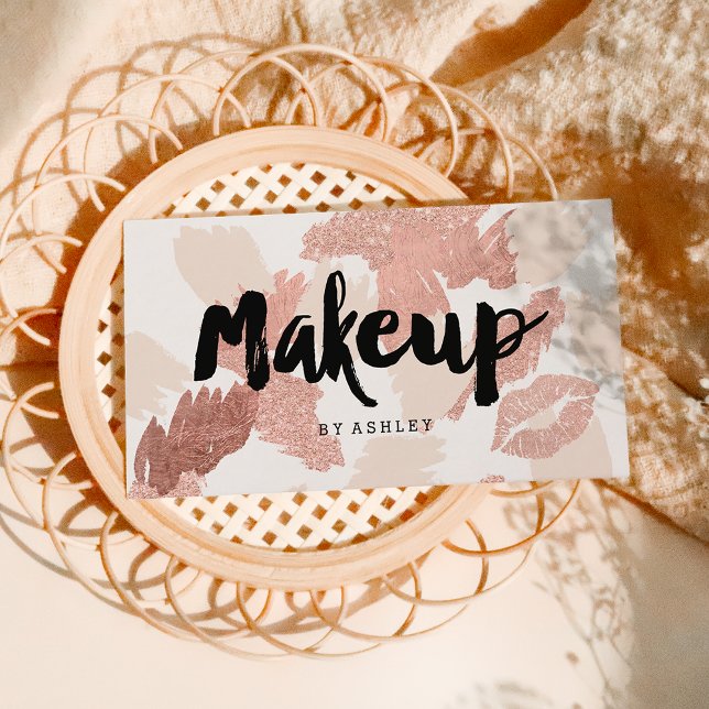 Makeup artist lips rose gold script brushstrokes business card (Creator Uploaded)