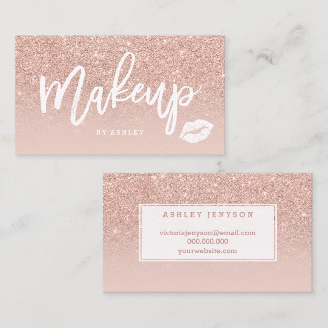 Makeup artist lips typography blush rose gold business card (Front/Back)