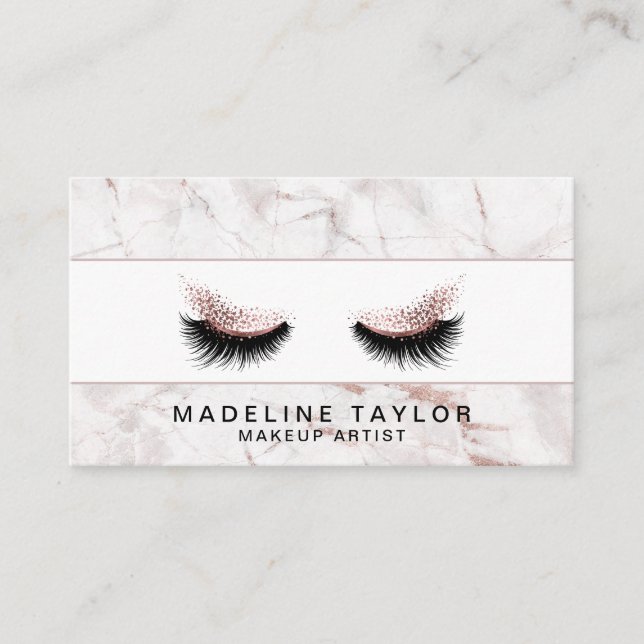 Makeup artist Long Lashes Glitter Rose Gold Marble Business Card (Front)