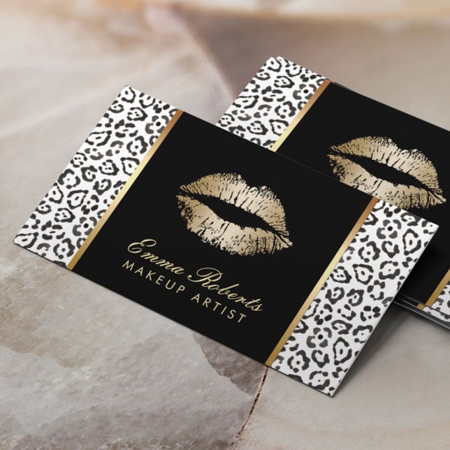 Makeup Artist Modern Black White Leopard Gold Lips Business Card (Creator Uploaded)